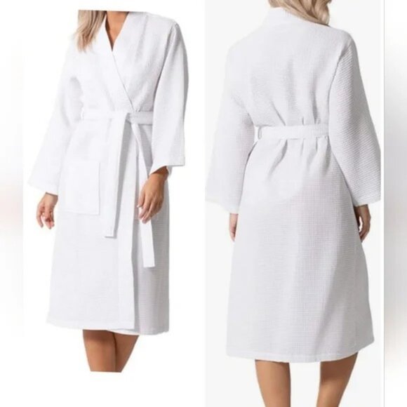 Chakir Linen White Cotton Blend Waffle Texture Belted Luxury Robe One Size NIP - Picture 1 of 15